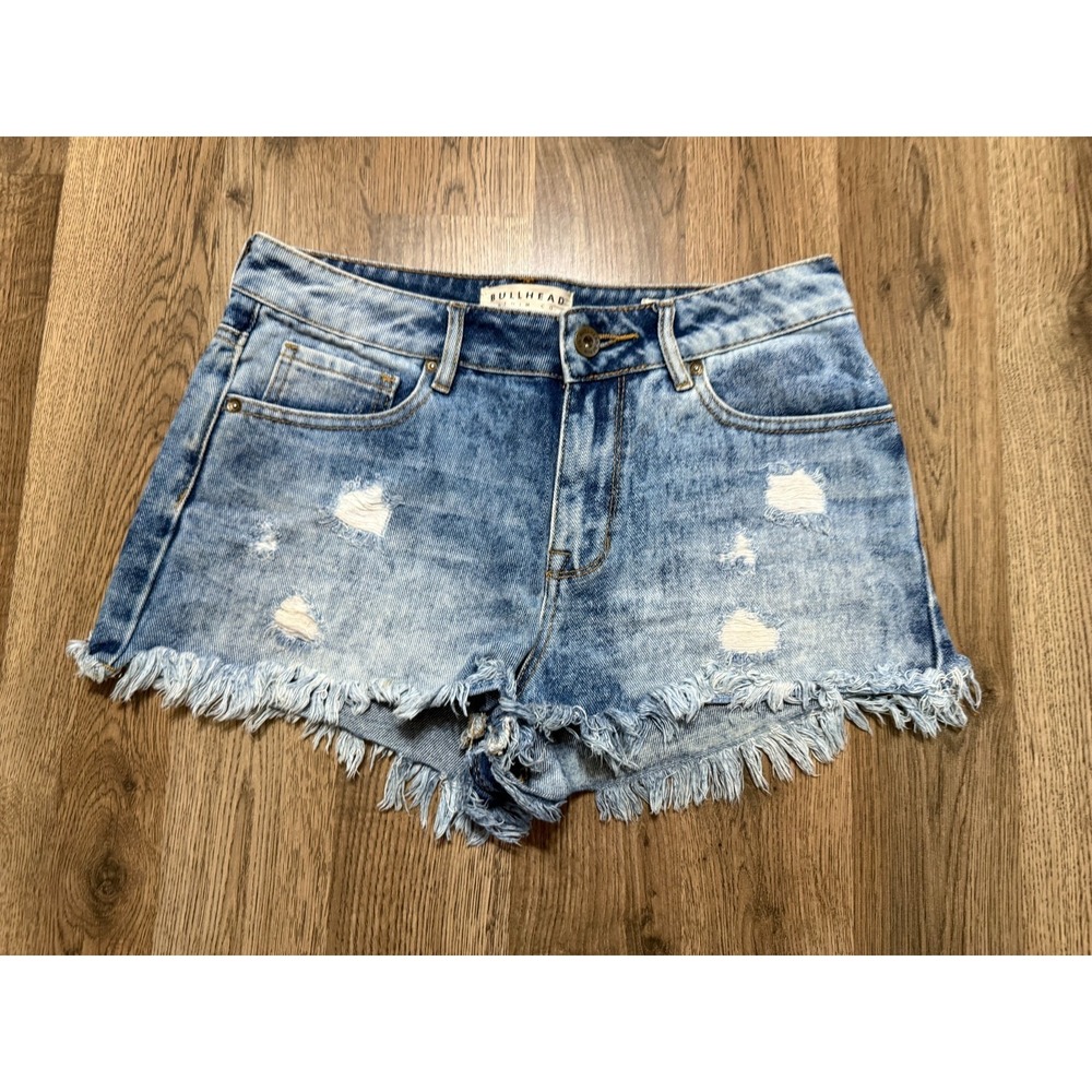 BullHead Denim Co. Shorts, Women's Size 7, Blue Denim Frayed Hem High Rise Short